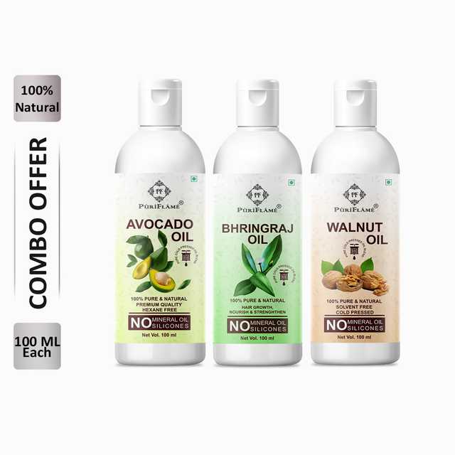 PuriFlame Pure Avocado Oil (100 ml) & Bhringraj Oil (100 ml) & Walnut Oil (100 ml) Combo For Rapid Hair Growth (Pack Of 3) (B-2321)