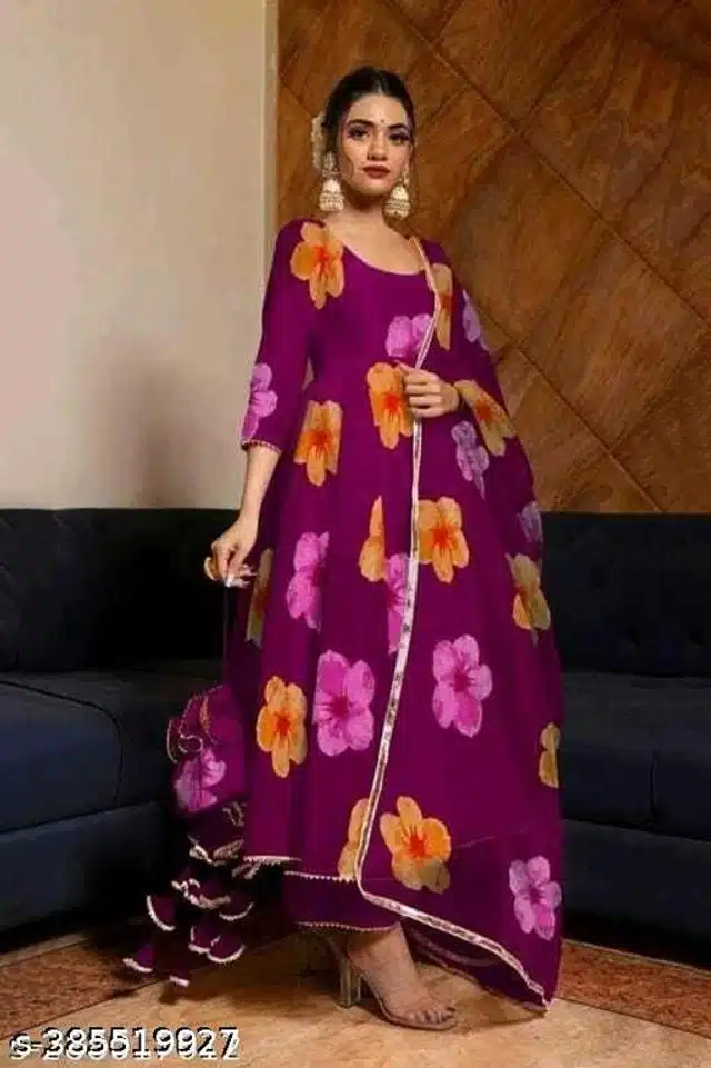 Georgette Printed Gown with Dupatta for Women (Wine, S)
