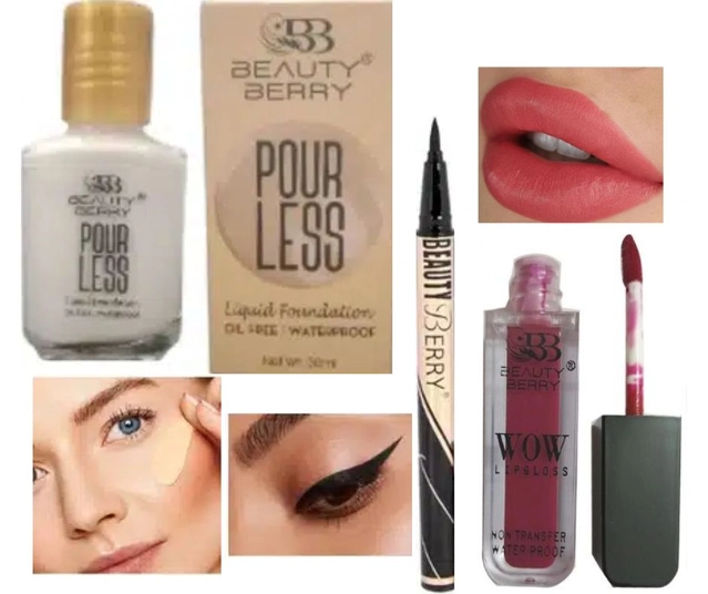 Combo of Beauty Berry Pourless Waterproof Liquid Foundation (30 ml) with Lip Gloss & Eyeliner (Multicolor, Set of 3)