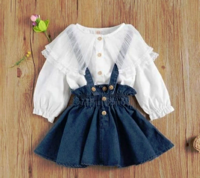 Denim Solid Clothing Set for Girls (White & Navy Blue, 9-12 Months)