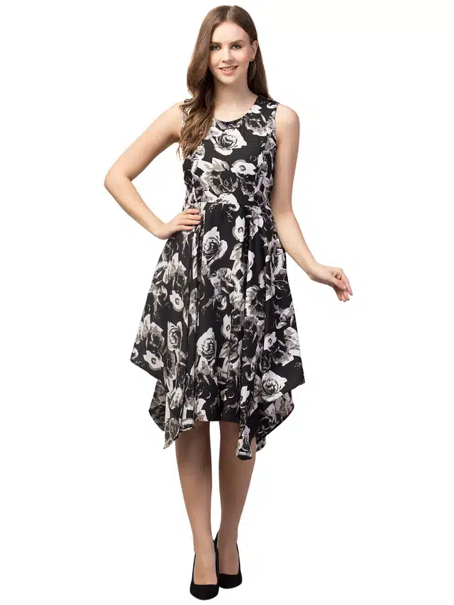 Floral Printed Asymmetric Dress for Women (Black, S)