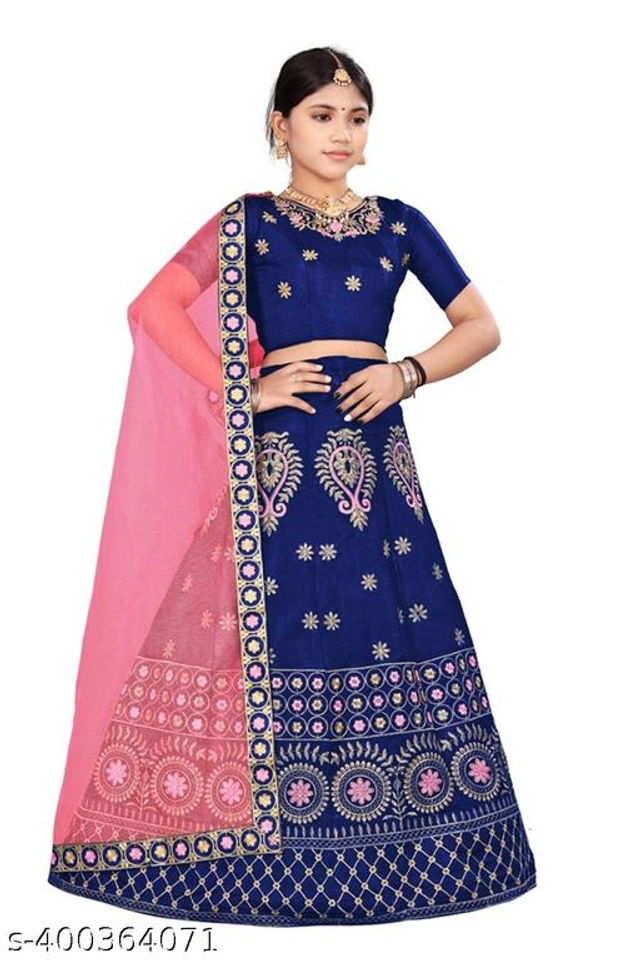 Satin Embroidered Lehenga with Choli & Dupatta for Girls (Blue & Pink, 2-3 Years)