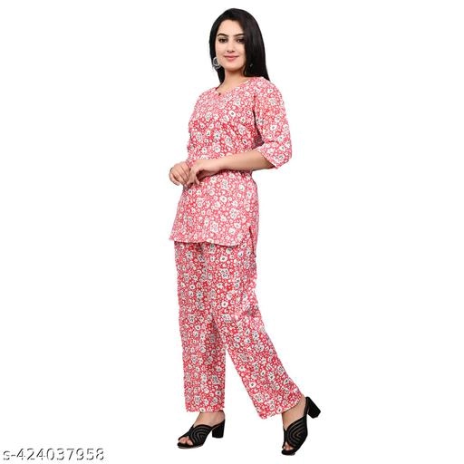 Rayon Printed Nightsuit for Women (Red, S)