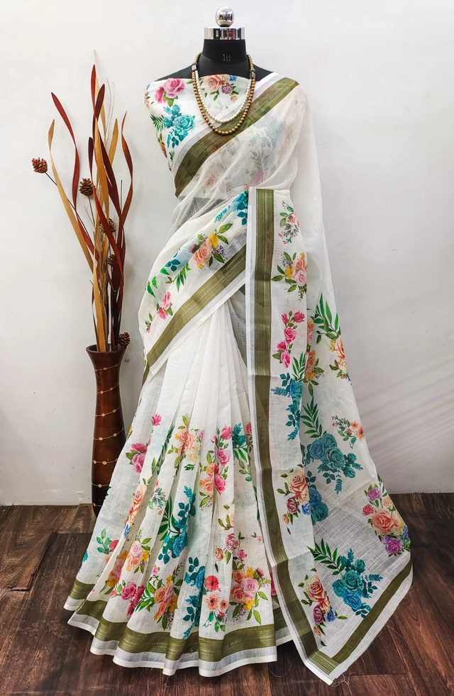 Linen Printed Saree for Women (Multicolor, 6.3 m)