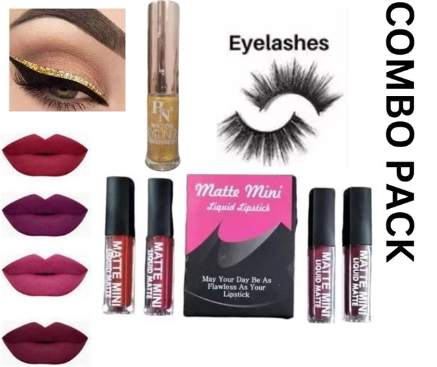 Combo of Matte Mini Liquid Lipsticks (4 Pcs) with Golden Eyeliner & Eyelashes (Multicolor, Set of 3)