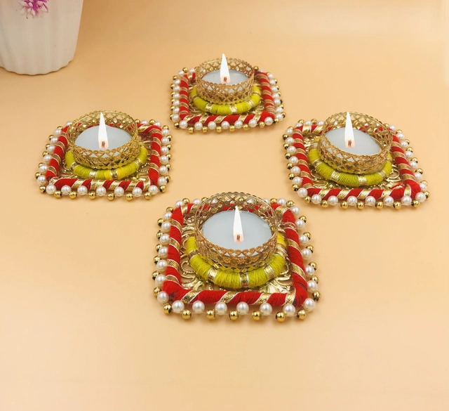 Metal Designer Tealight Candle Holder (Multicolor, 8x8x2.5 cm) (Pack of 4)