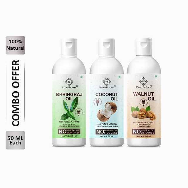 Puriflame Pure Bhringraj Oil (50 ml), Coconut Oil (50 ml) & Walnut Oil ( 50 ml) Combo for Rapid Hair Growth (Pack Of 3) (B-9307)