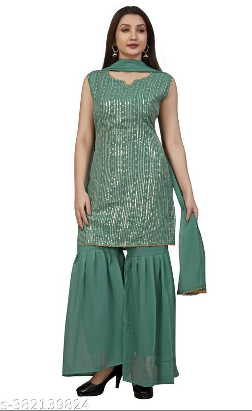 Rayon Slub Embroidered Kurti with Sharara & Dupatta for Women (Sea Green, XL)