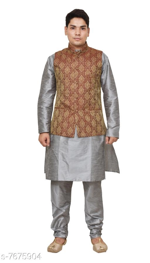 Dupion Silk Solid Kurta with Pyjama & Jacket for Men (Grey & Brown, S)