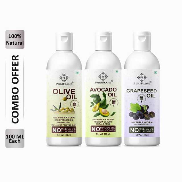 PuriFlame Pure Olive Oil (100 ml) & Avocado Oil (100 ml) & Grapeseed Oil (100 ml) Combo For Rapid Hair Growth (Pack Of 3) (B-6073)