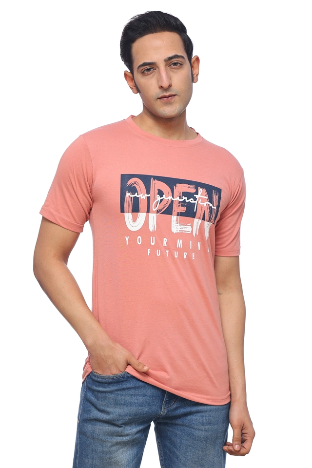 Round Neck Printed T-Shirt for Men (Coral, M)