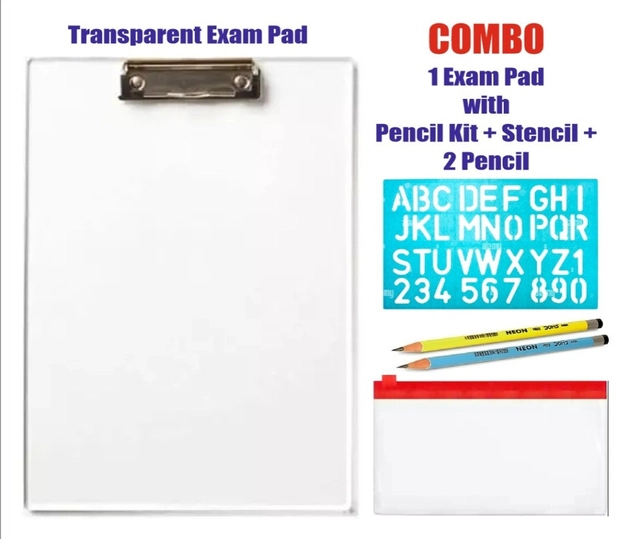 Wooden Combo of Posshe Kids Premium Exam Clipboard with Pencil Pouch, Stencil & 2 Pcs Pencil (Multicolor, Set of 4)