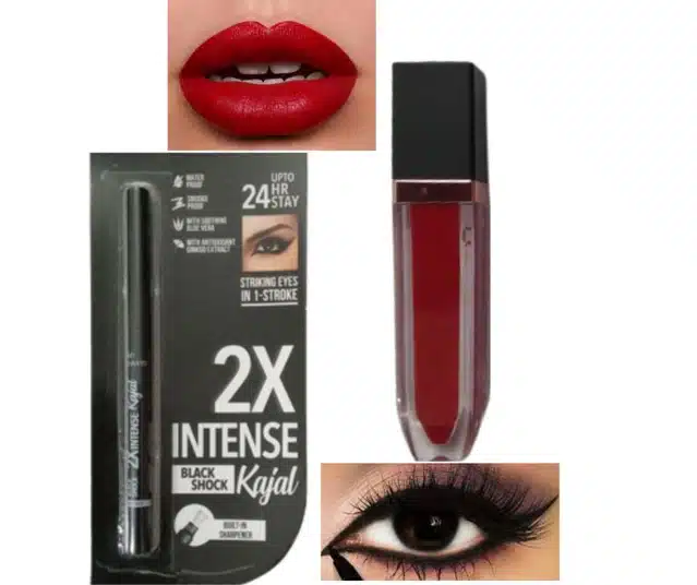 Matte Lip Gloss with Waterproof Kajal  (Red & Black, Set of 2)