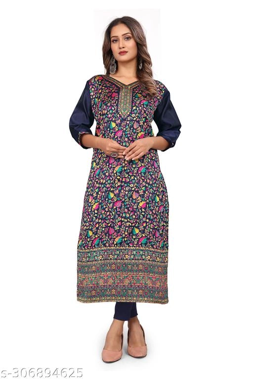 Pashmina Embroidered Kurti for Women (Navy Blue, L)