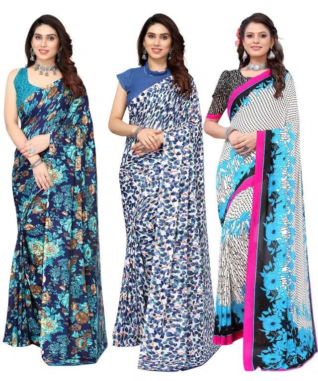 Women's Designer Floral Printed Saree with Blouse Piece (Pack of 3) (Multicolor) (SD-155)