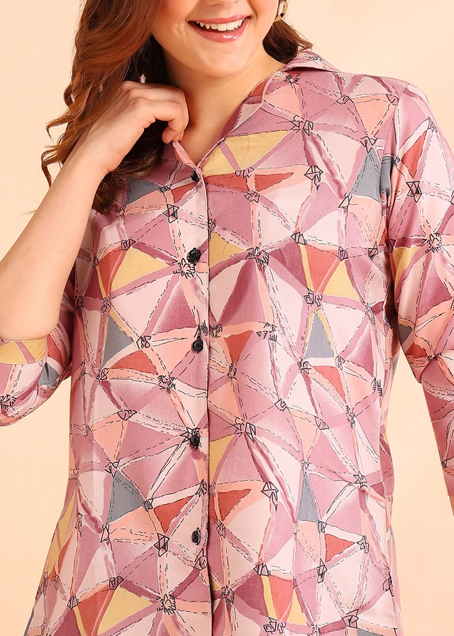 Three Quarter Sleeves Printed Shirt for Women (Peach, S)