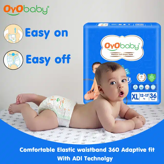 Oyo Baby Diaper Pants With Aloe Anti Rash Shield | 12 Hours Protection |X- Large - 12 To 17 Kg (36 Units - Pack Of 2)