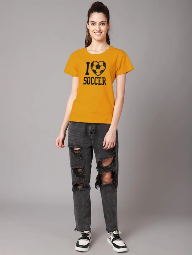 Round Neck Printed T-Shirt for Women (Mustard, S)