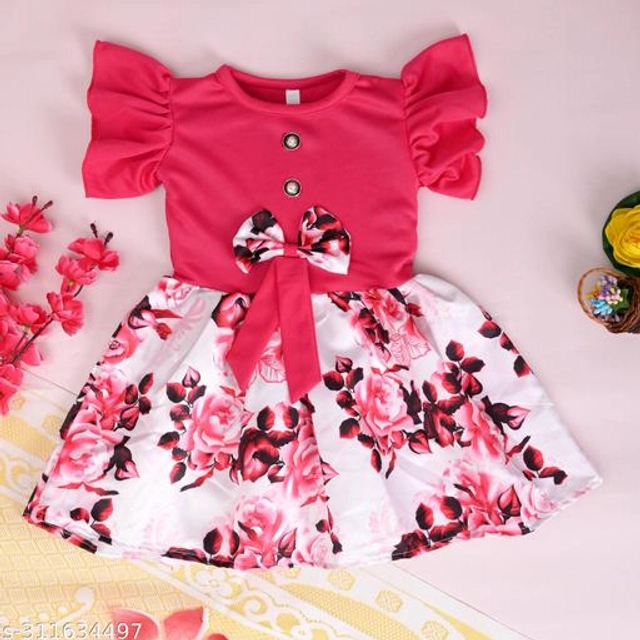 Crepe Printed Frock for Girls (Pink, 0-3 Months)