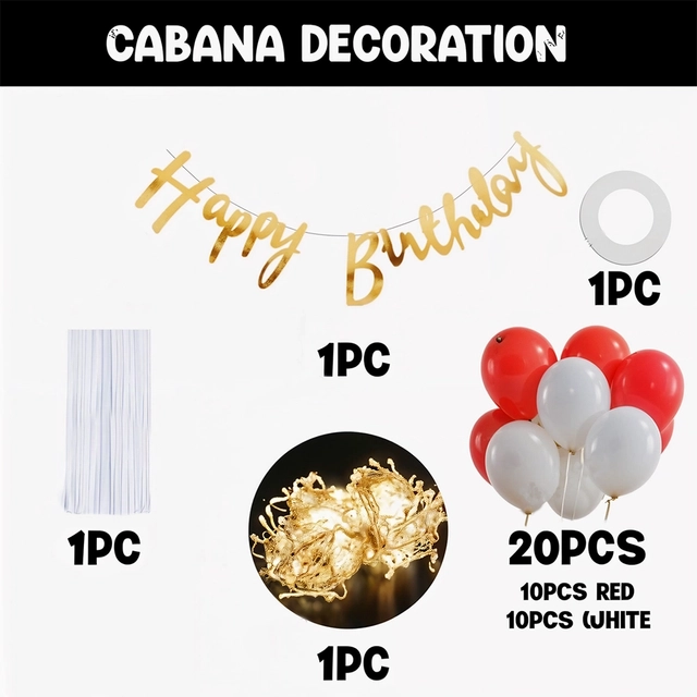 Birthday Cabana Tent Decorations - White Net Curtain with Happy Birthday Banner, LED Light, Metallic Balloons - Ideal for Husband, Wife, Boyfriend, Girlfriend Birthday Celebration (Kit 24 pcs)