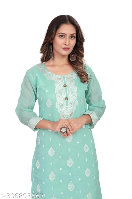 Cotton Embroidered Kurti for Women (Sky Blue, L)