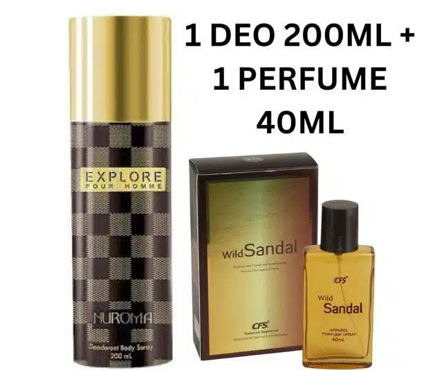 CFS Wild Sandal Perfume (40 ml) with Explore Pour Homme Nuroma Deodorant (200 ml) for Men & Women (Set of 2)