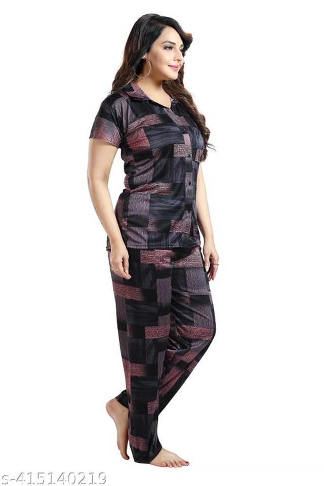 Satin Nightsuit for Women (Pink & Black, M)