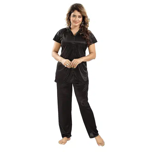 Satin T-Shirt with Trouser Nightsuit Set for Women (Black, M)