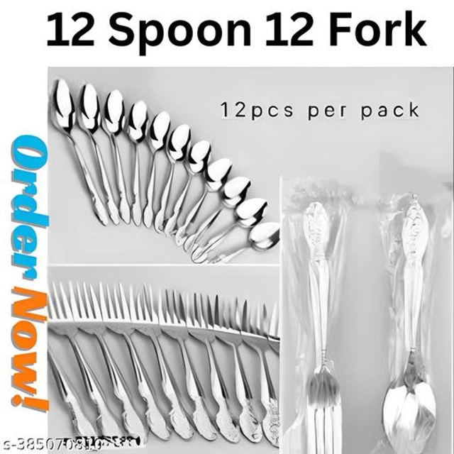 Stainless Steel 12 Pcs Spoons with 12 Pcs Forks (Silver, Set of 2)