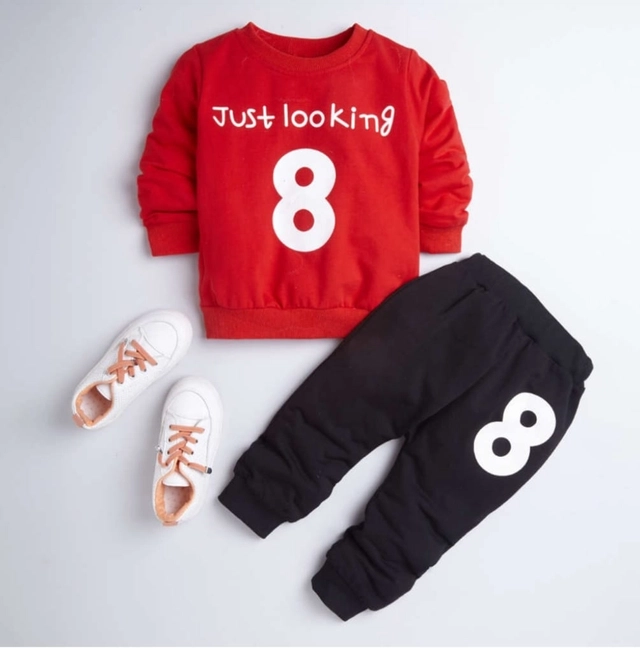 Hosiery Printed Clothing Set for Kids (Red & Black, 12-18 Months)