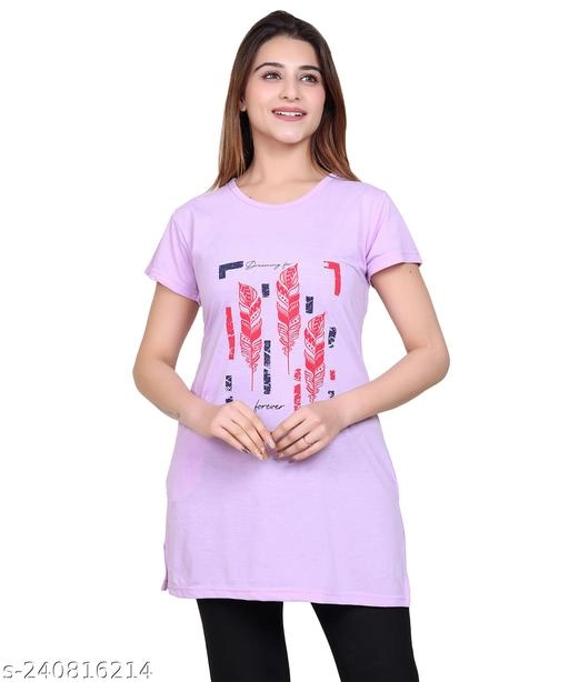 Round Neck Printed Long T-Shirt for Women (Lavender, M)