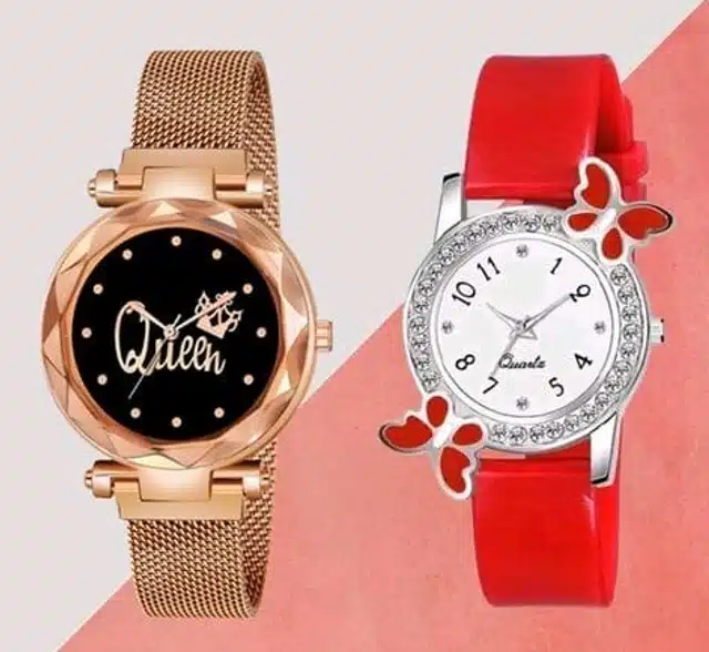 Analog Watch for Women & Girls (Gold & Red, Pack of 2)