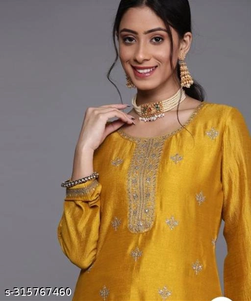 Cotton Silk Embroidered Kurti for Women (Yellow, XS)