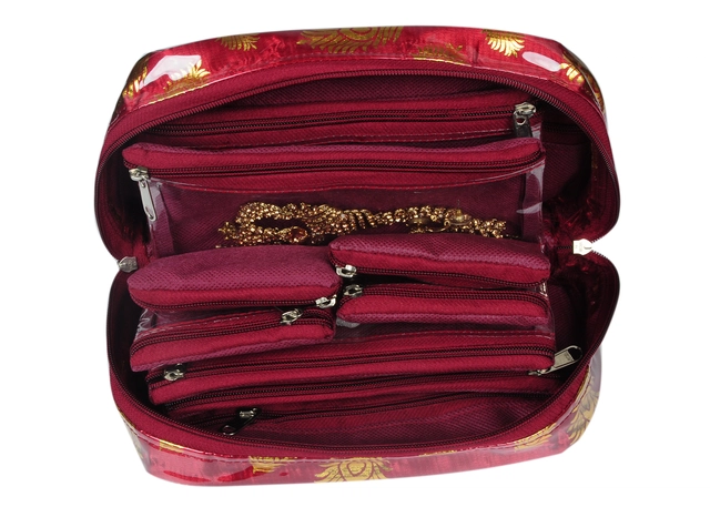 Canvas Printed Jewellery Organizer Bag with 10 Pcs Separate Pouches (Maroon, Set of 1)