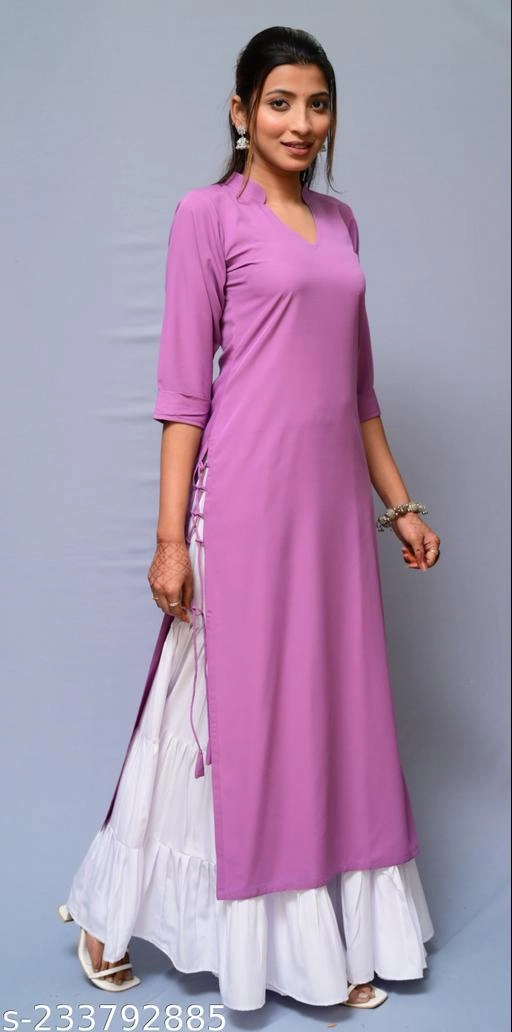 Polyester Solid Kurti with Palazzo for Women (Lavender & White, XS)