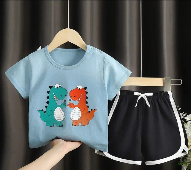 Hosiery Printed Clothing Set for Kids (Sky Blue & Black, 0-3 Months)