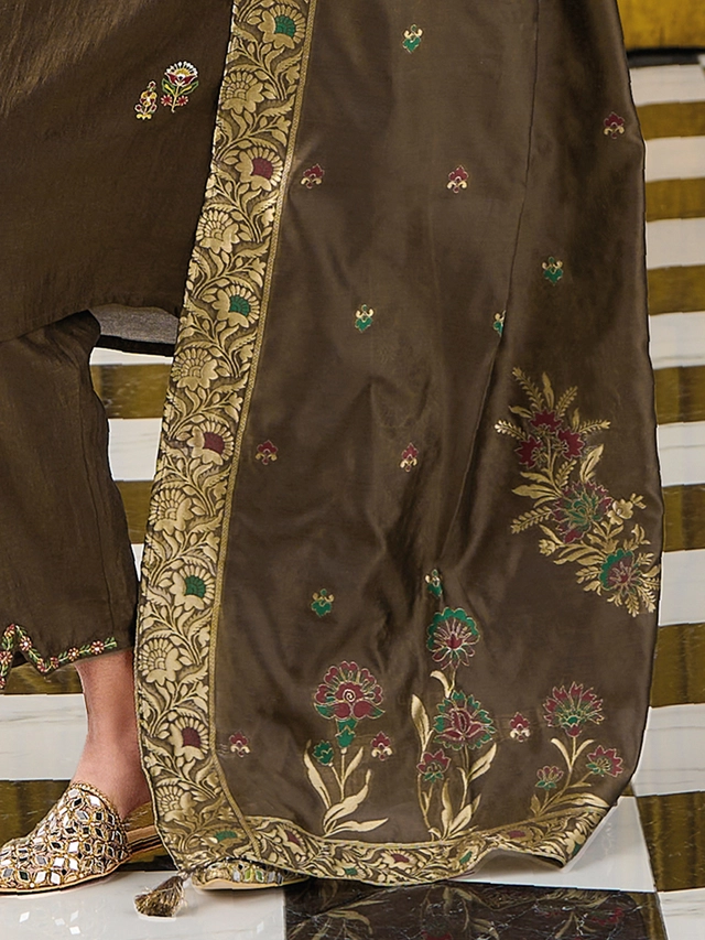 Silk Blend Embroidered Kurta with Pant for Women (Multicolor, M)