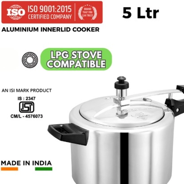 LEORON Aluminium Gold InnerLid Pressure Cooker Gas Stovetop Compatible (5 Ltr, pack of 1)