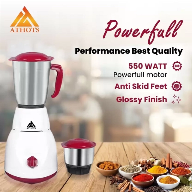 ATHOTS eco Mingle CNC hybrid POWER FULL 550 Juicer Mixer Grinder (2 Jars, White, cheery, Pack of 1)