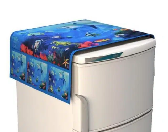 Digital Printed Fridge Cover 3 Pcs Mat with Top Cover (Blue, Set of 1)