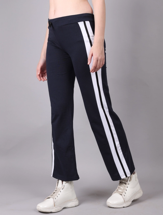 Cotton Colorblocked Trackpant for Women (Navy Blue, M)