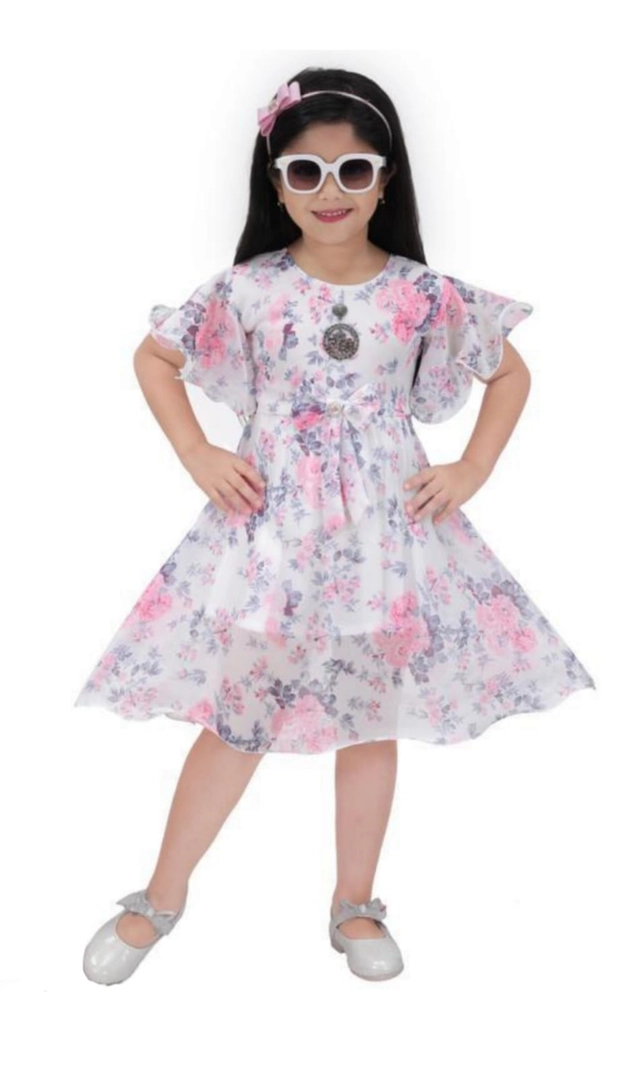 Georgette Printed Frock for Girls (White & Pink, 3-4 Years)