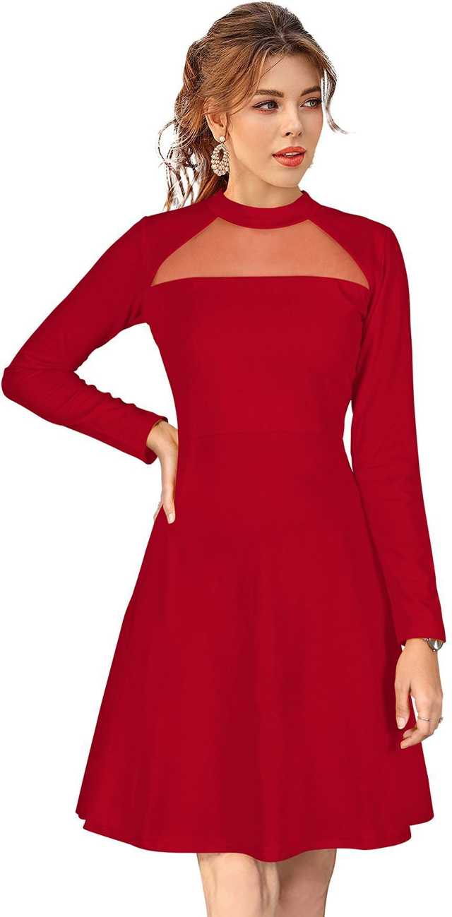 कॉटन रेयॉन ब्लेंड A-लाइन सॉलिड ड्रेस फॉर वीमेन (रेड, XL) (C-50)