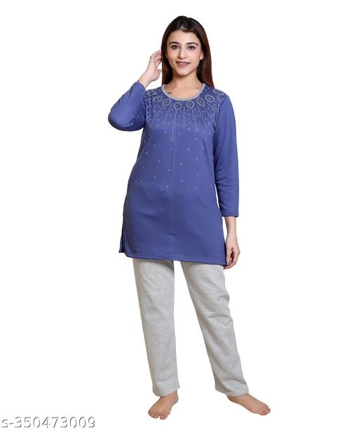 Wool Nightsuit for Women (Royal Blue & White, M)