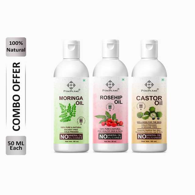 Puriflame Pure Moringa Oil (50 ml), Rosehip Oil (50 ml) & Castor Oil (50 ml) Combo for Rapid Hair Growth (Pack Of 3) (B-11914)