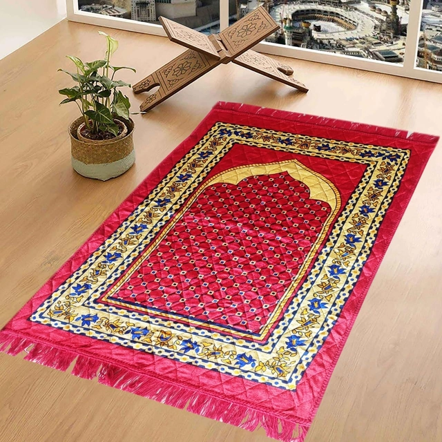 Qaleen Velvet Multipurpose Rug Mat for Jannamaz, Prayer & Meditation (70x110cm), Red