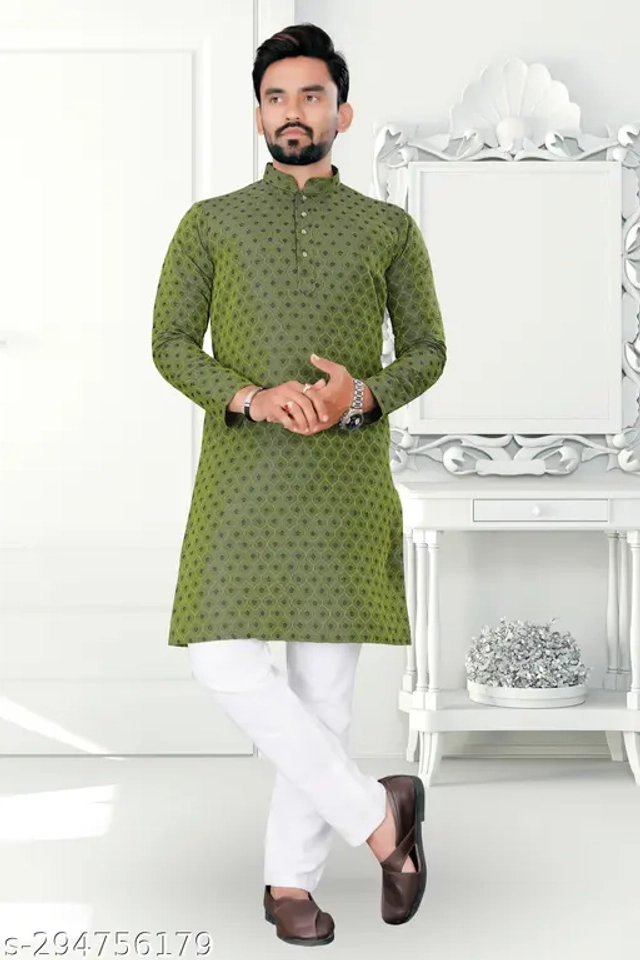 Cotton Blend Printed Kurta with Pyjama for Men (Olive & White, S)