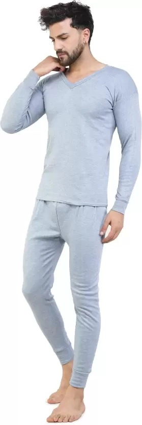 Cotton Blend Thermal Set for Men (Light Grey, M)