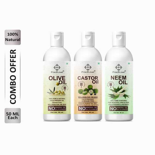 Puriflame Pure Olive Oil (50 ml), Castor Oil (50 ml) & Neem Oil (50 ml) Combo for Rapid Hair Growth (Pack of 3) (B-12362)