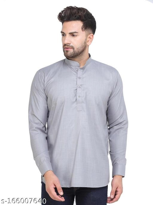 Cotton Blend Solid Short Kurta for Men (Grey, S)